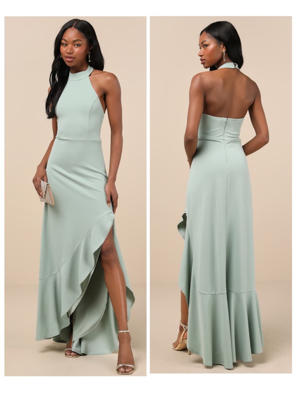 Lulus Majestic Perfection Sage Green Ruffled Halter Maxi Dress Size Medium Gala